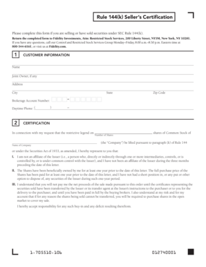 SEC Rule 144(k) Seller’s Certification
