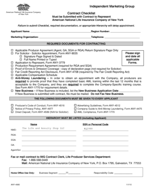 Contract Checklist for American National Life Insurance Company of New York