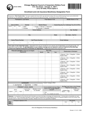 Chicago Regional Council of Carpenters Welfare Fund Enrollment and Life Insurance Beneficiary Designation Form