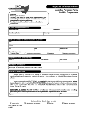 Objection to Tentative Order for Permanent Partial Disability Compensation