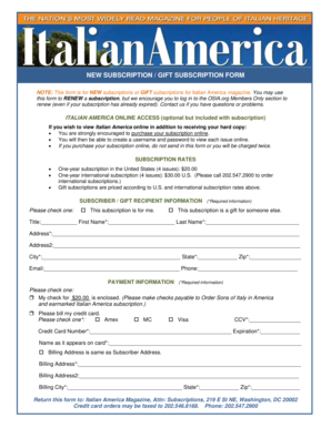 Italian America Magazine Subscription Form