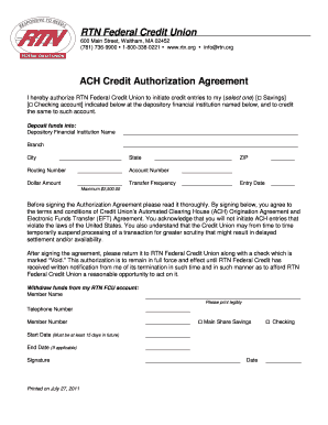 ACH Credit Authorization Agreement