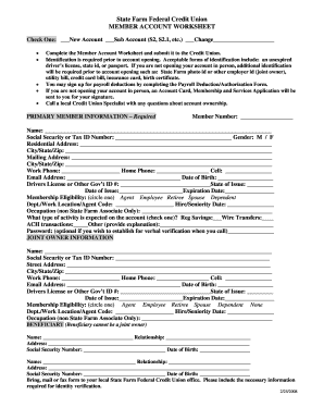 State Farm Federal Credit Union Member Account Worksheet