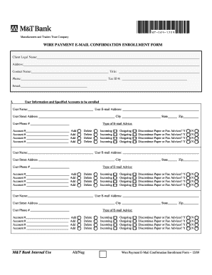 M&T Bank Wire Payment Email Confirmation Enrollment Form