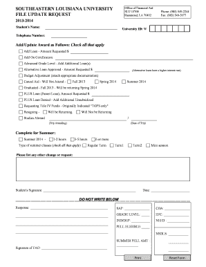 Southeastern Louisiana University Financial Aid Update Request