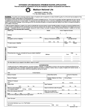 Extended Life Insurance Premium Waiver Application