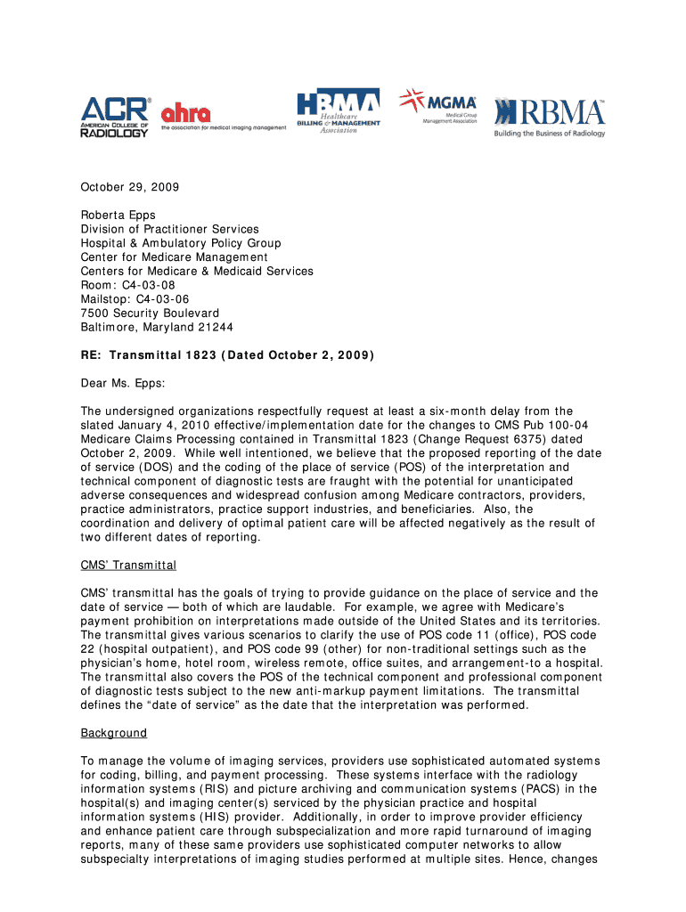 Fillable Online acr Letter to CMS Medical Group Management