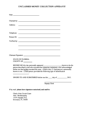 Unclaimed Money Collection Affidavit