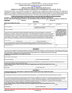Florida Derelict Motor Vehicle Certificate Application