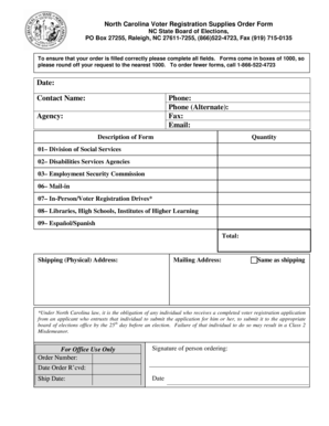North Carolina Voter Registration Supplies Order Form