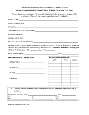 Grand Prairie ISD Short-Term Medication Form
