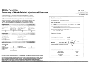 OSHA Form 300A Summary of Work-Related Injuries and Illnesses