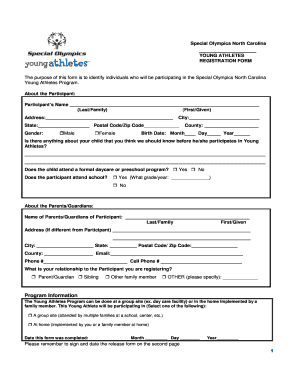 Special Olympics North Carolina Young Athletes Registration Form