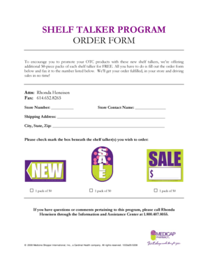 Shelf Talker Program Order Form