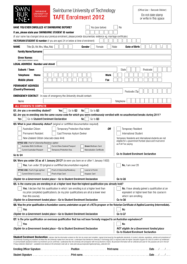 Swinburne University TAFE Enrolment Form 2012