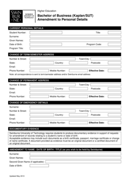 Swinburne University Personal Details Amendment Form