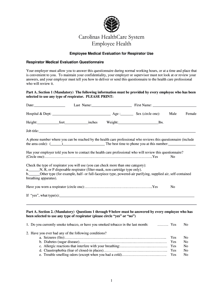 Fillable Online med unc Respirator Medical Evaluation Questionnaire