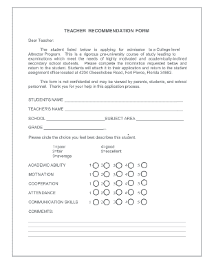 Teacher recommendation form - St. Lucie County School District