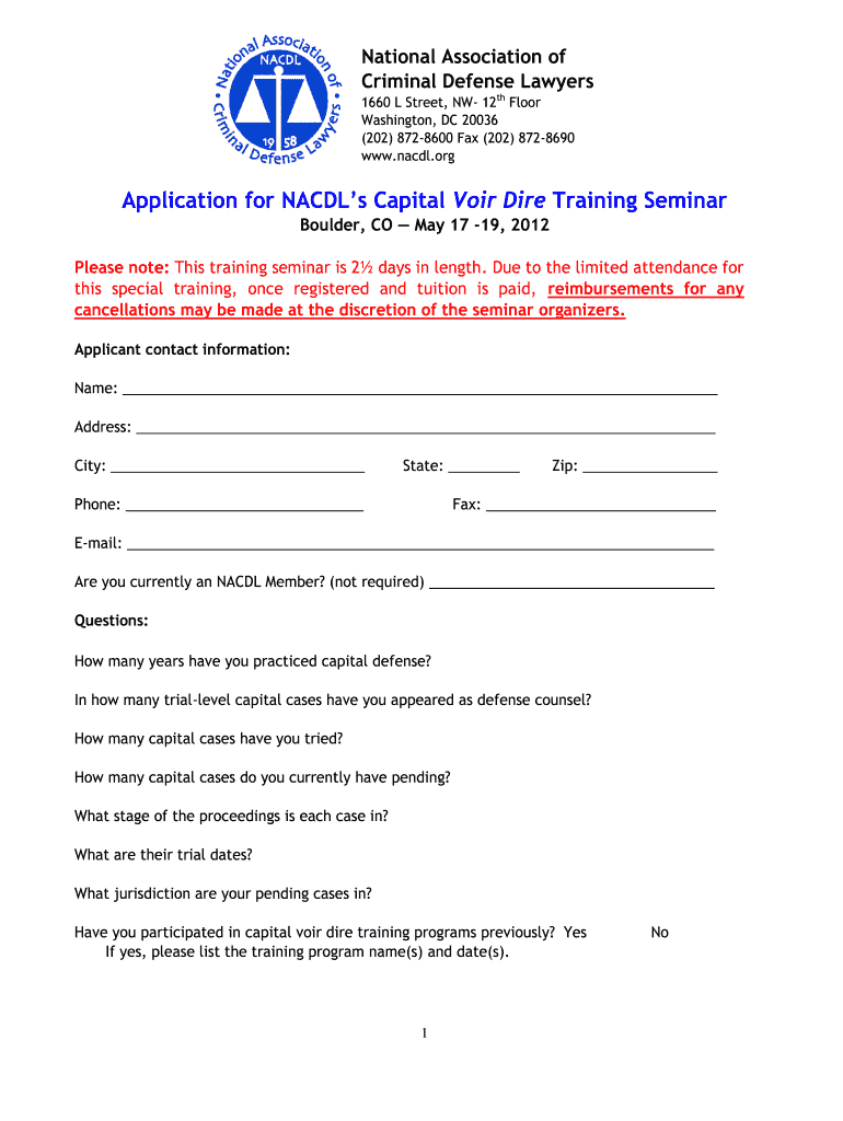 Application for NACDL's Capital Voir Dire Training Seminar - schr Preview on Page 1.