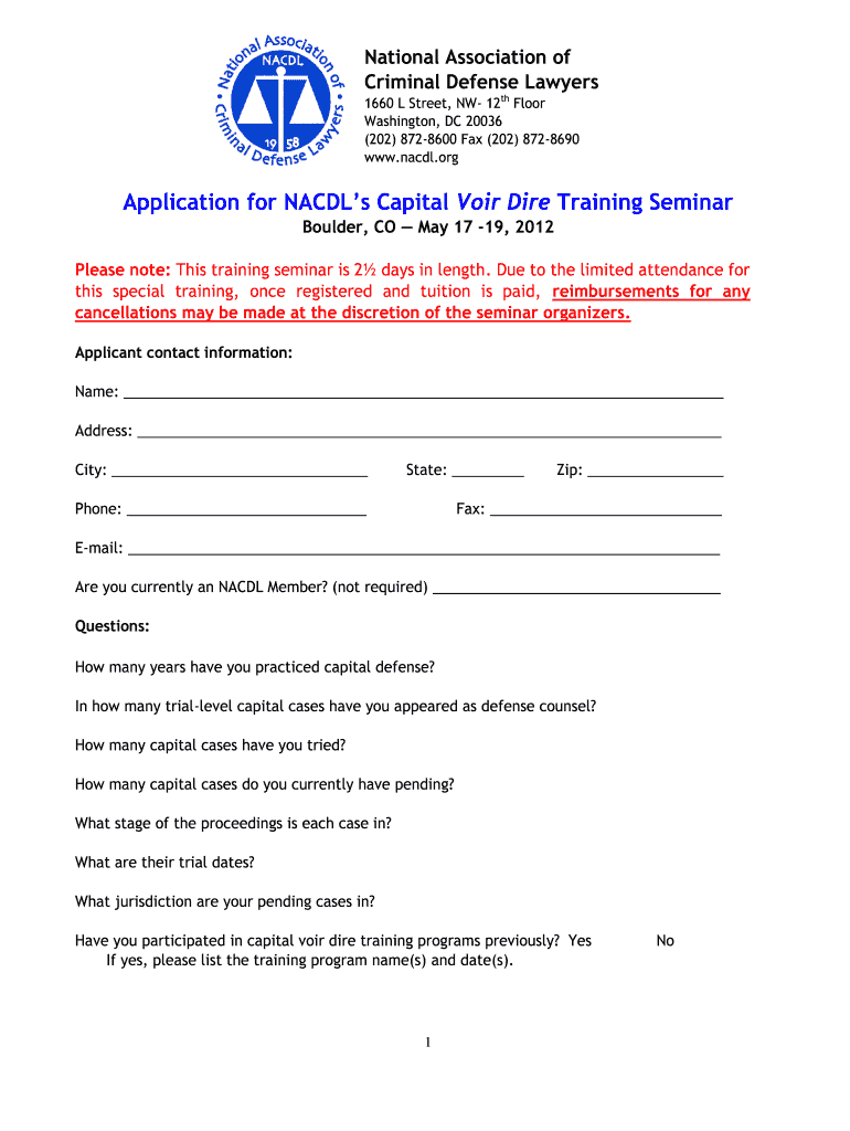 Application for NACDL's Capital Voir Dire Training Seminar - schr Preview on Page 1