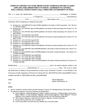 Other Backward Classes Certificate for India