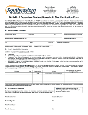 2014-2015 Dependent Student Household Size Verification Form