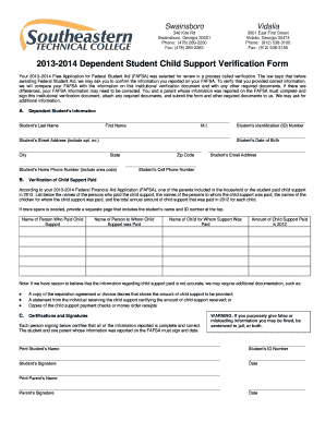 2013-2014 Dependent Student Child Support Verification Form