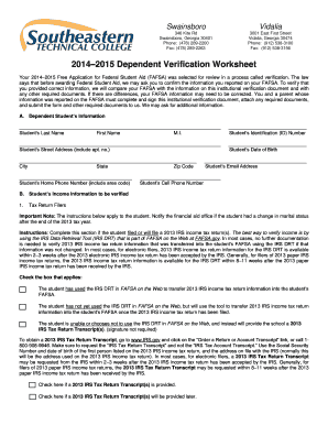 2014–2015 Dependent Verification Worksheet