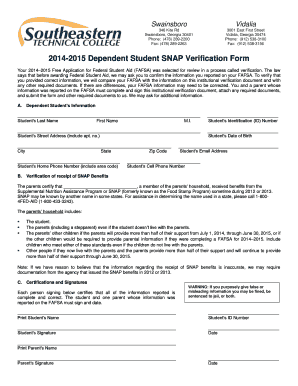 2014-2015 Dependent Student SNAP Verification Form