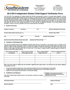 2013-2014 Independent Student Child Support Verification Form