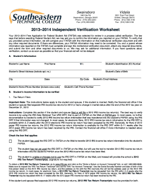 2013–2014 Independent Verification Worksheet
