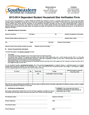 2013-2014 Dependent Student Household Size Verification Form