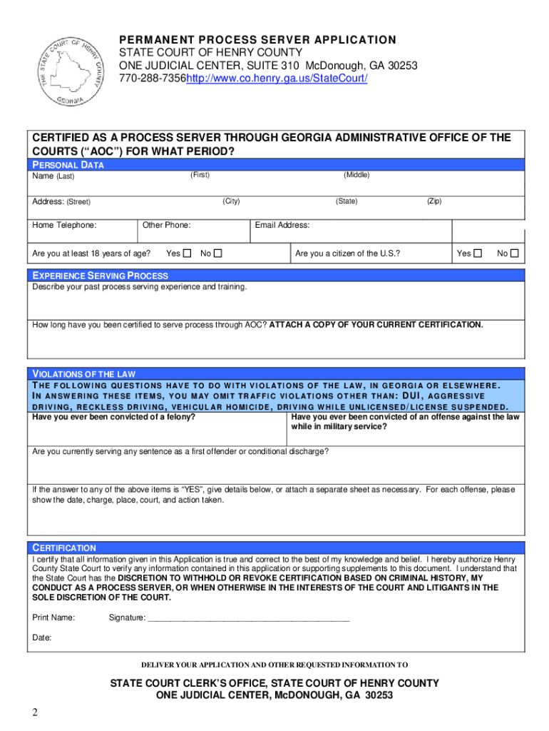 State Court Process Server Application Packet - Henry County - co henry ga Preview on Page 1