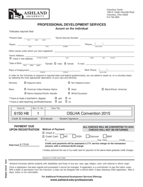 Ashland University Professional Development Registration Form