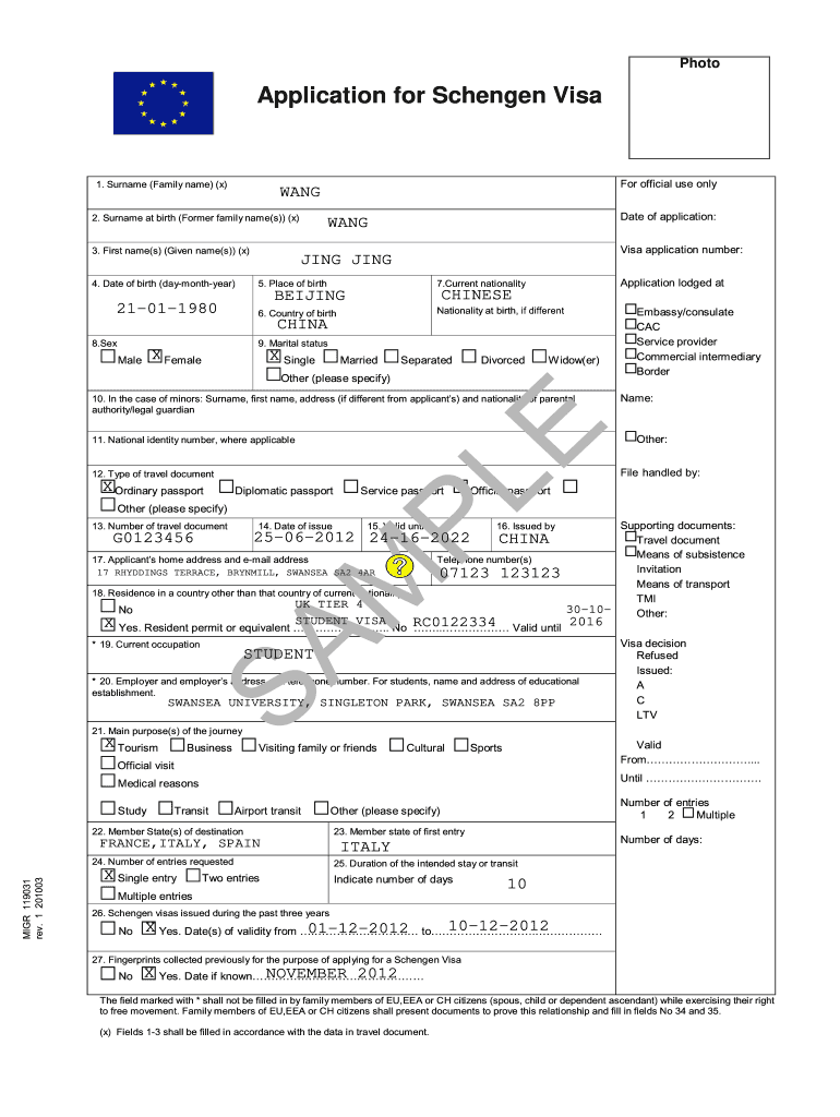 Filled Schengen Visa Application Form 2020 Fill And Sign Printable Template Online US Legal