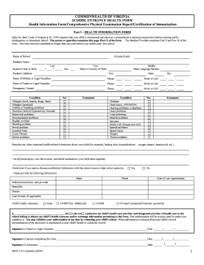 Virginia School Entrance Health Form