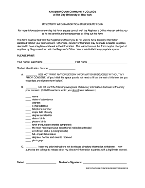 Kingsborough Community College Directory Information Non-Disclosure Form
