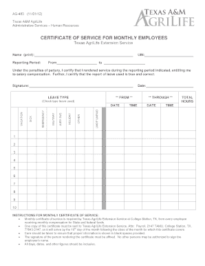 Certificate of Service for Monthly Employees