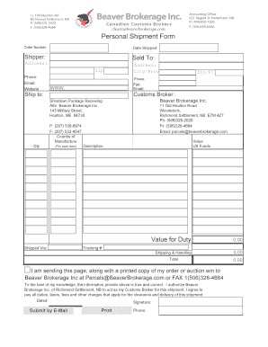 Personal Shipment Form