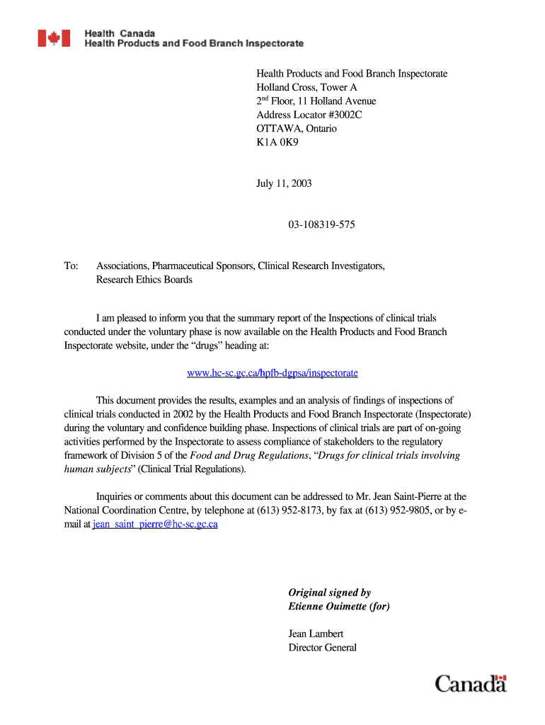 Fillable Online Health Products and Food Branch Inspectorate Fax Email