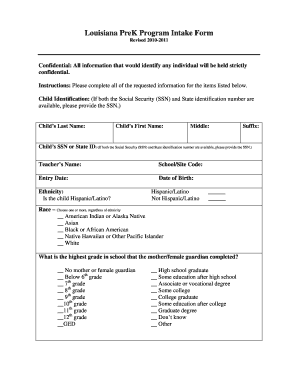 Louisiana PreK Program Intake Form