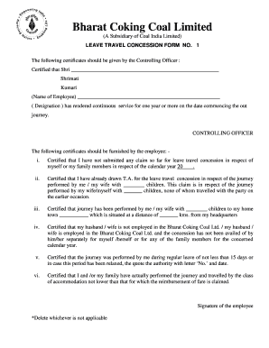 Bharat Coking Coal Leave Travel Concession Form