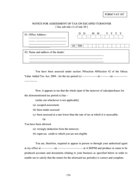 VAT-307 Notice for Assessment of Tax on Escaped Turnover