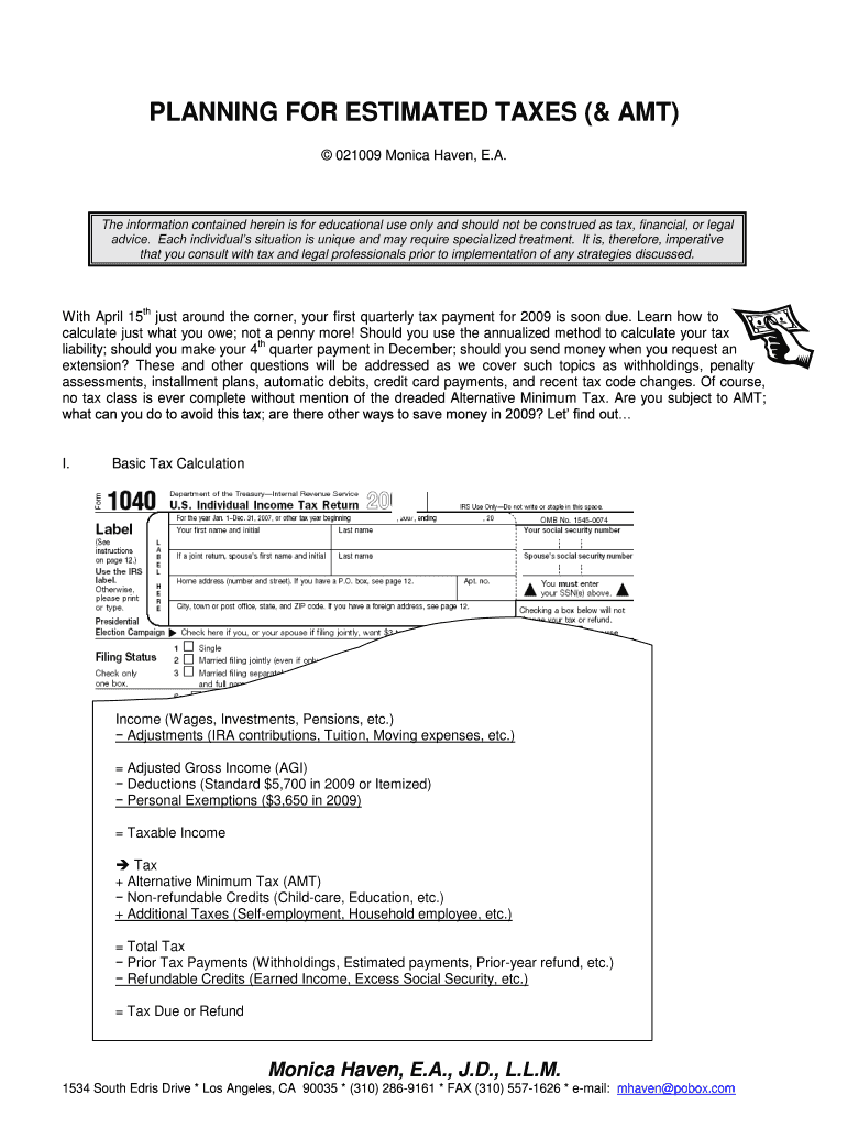 Fillable Online PLANNING FOR ESTIMATED TAXES (& AMT) Fax Email Print