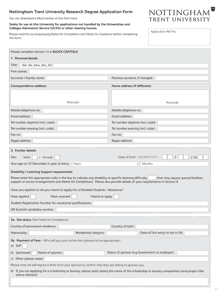 Nottingham Trent University Research Degree Application Form Preview on Page 1.