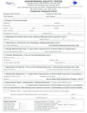 Maribyrnong Aquatic Centre Customer Request Form