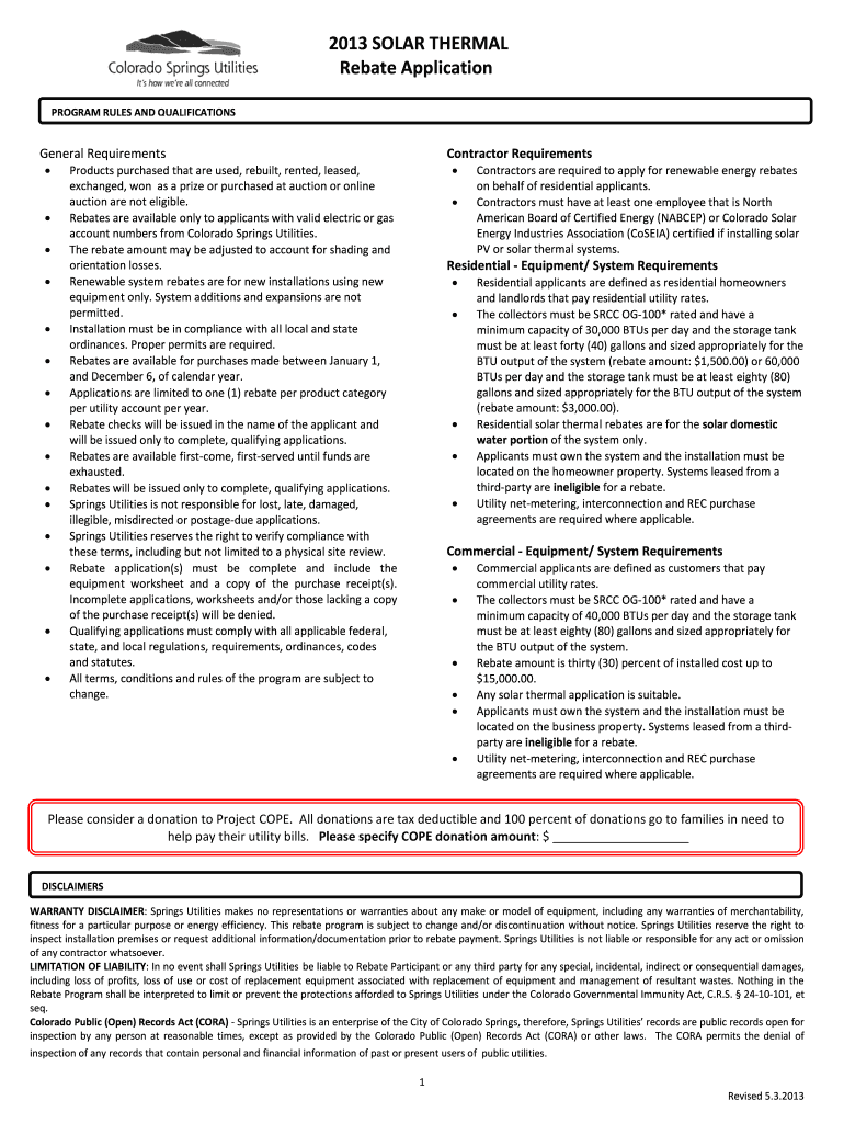 Fillable Online csu 2013 SOLAR THERMAL rebate application Colorado Springs Utilities Fax Email