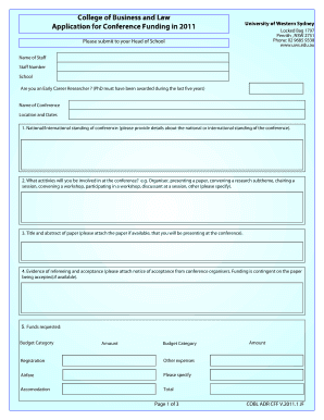 Satisfied questionnaire - College of Business and Law Application for Conference Funding in 2011 University of Western Sydney Locked Bag 1797 Penrith , NSW 2751 Phone: 02 9685 9338 www - uws edu