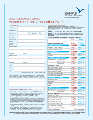 UWS Residential Colleges Accommodation Application