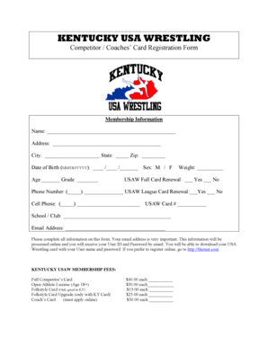 Kentucky USA Wrestling Competitor Registration Form
